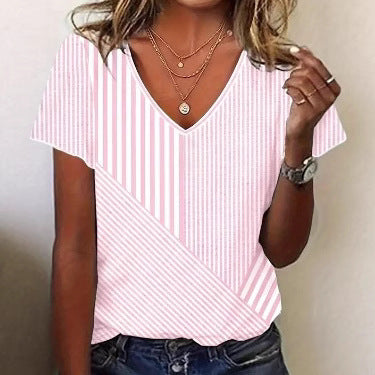 Dame V-hals T-shirt i moderne stribedesign Stilla