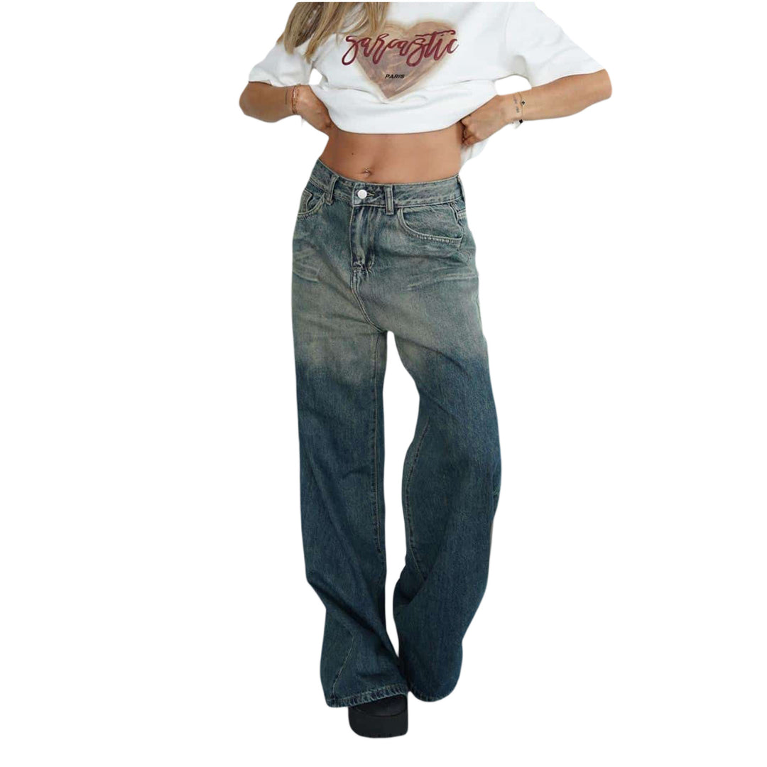 Dame løse high-waist jeans med trendy farvegradient og bredt ben Skovae