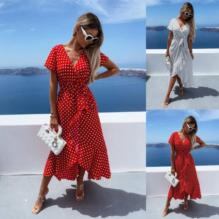 Dame Polka Dot Wrapping-Midi-Kjole med Bindebælte Stilla