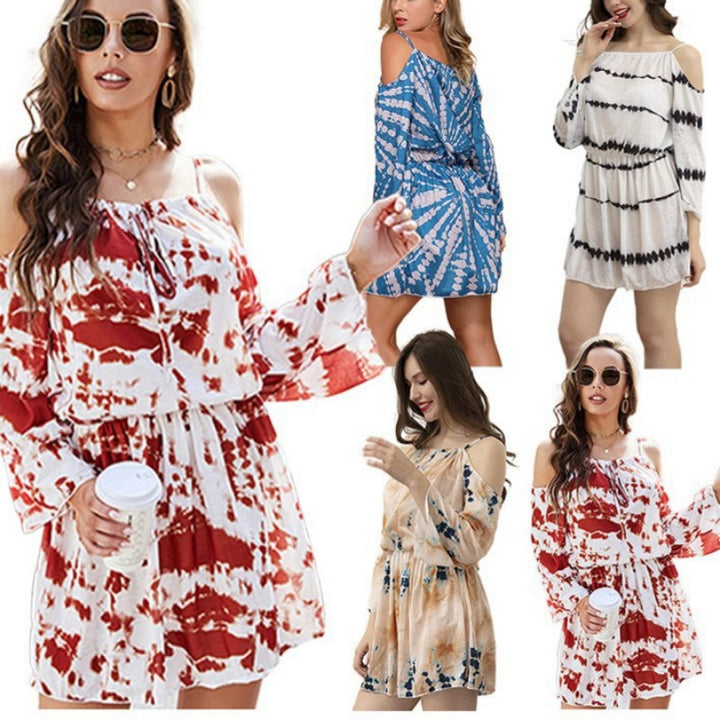 Kvinders afslappede kjole med off-shoulder design og Boho grafik Skovae