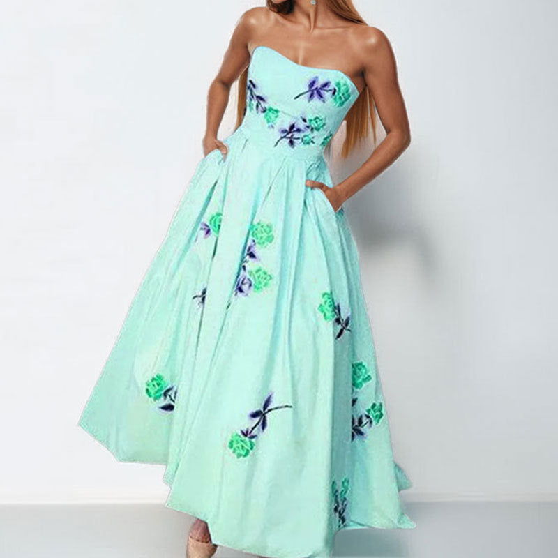 Damer Elegant Strapless Maxi Kjole med Blomsterdesign og Sidelommer Stilla