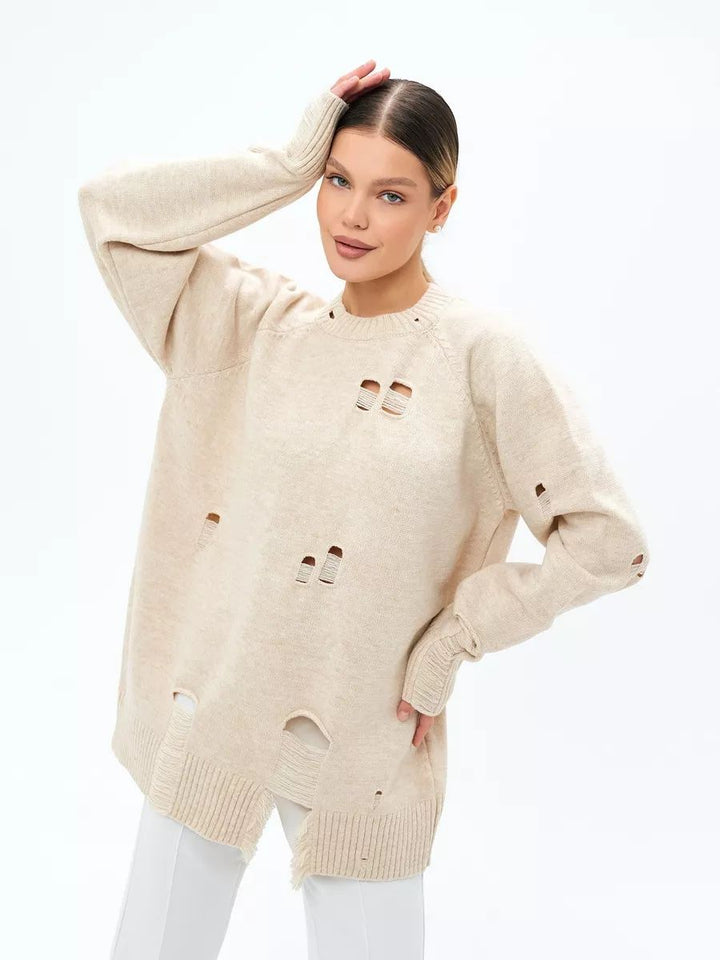 Dame Oversized Strikbluse med Frynser og Hul-Design Stilla