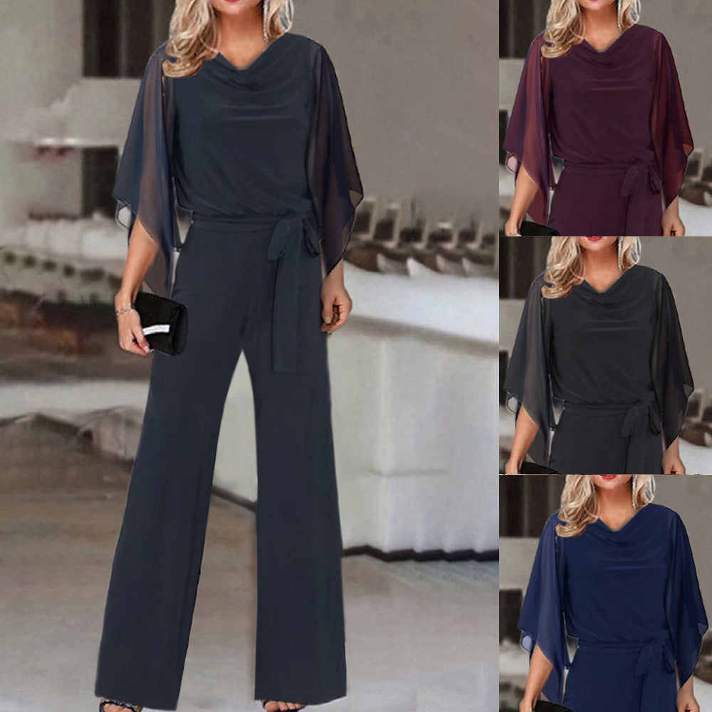 Dame elegant bred benudskæring jumpsuit med draperede ærmer Stilla
