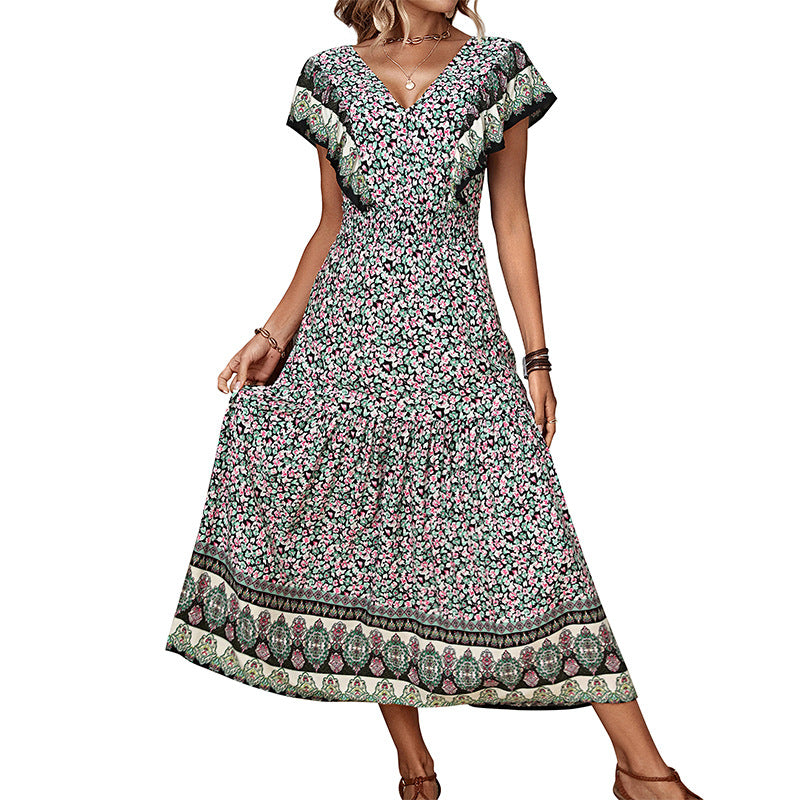Dame Rynkende Floral Maxi Kjole med Vintage Tryk Stilla