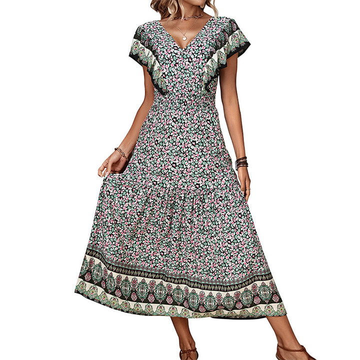 Dame Rynkende Floral Maxi Kjole med Vintage Tryk Stilla