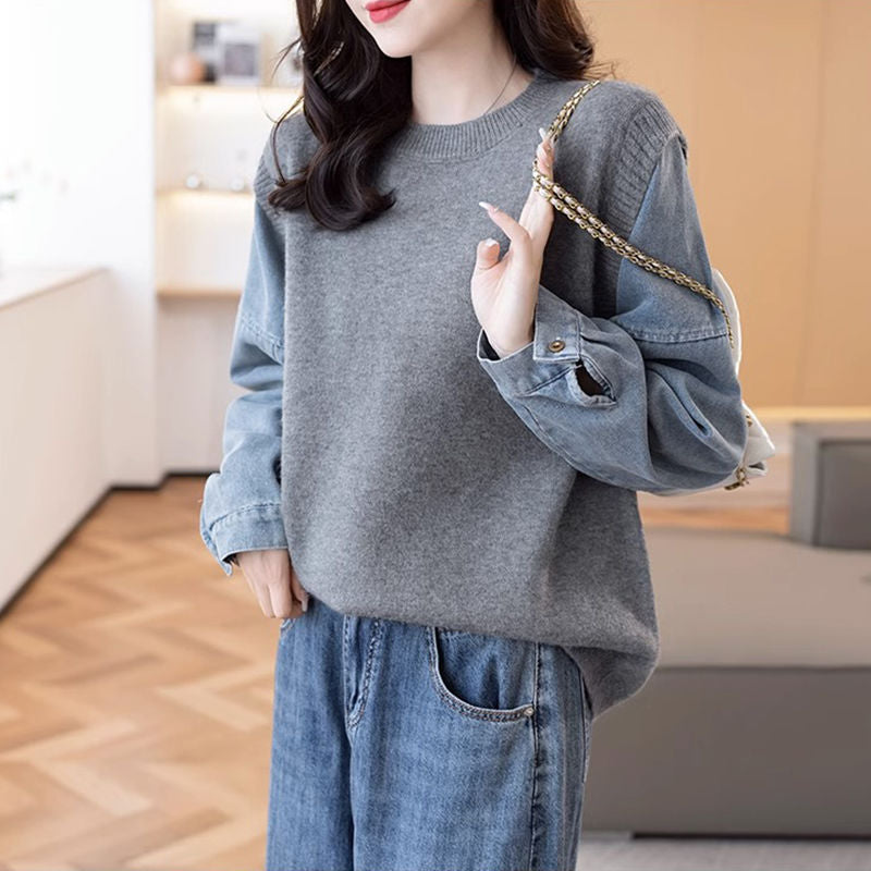 Dame Strik Sweater med Denim Ærmer Stilla