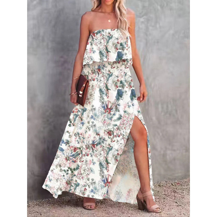 Kvinder Strapless Floral Maxi Kjole med Side Slids Stilla