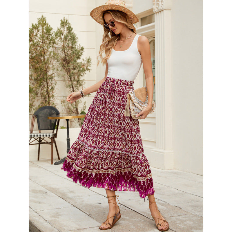 Femme Bohemian Gestufter Maxi-Nederdel med Dekorativt Tryk Stilla