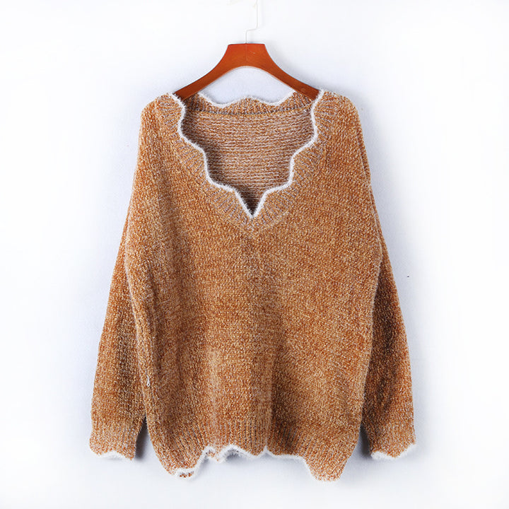 Dame afslappet strik pullover med V-hals og struktureret stof Stilla