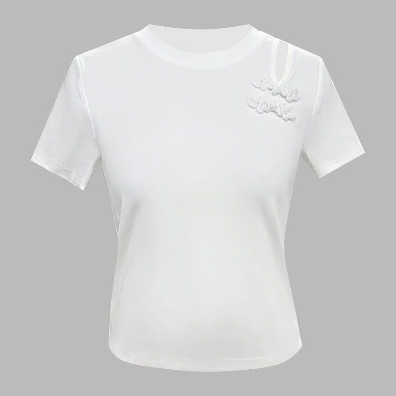 Dame kortærmet shirt med unikt blomsterapplikationsdesign og kropsnært snit Stilla