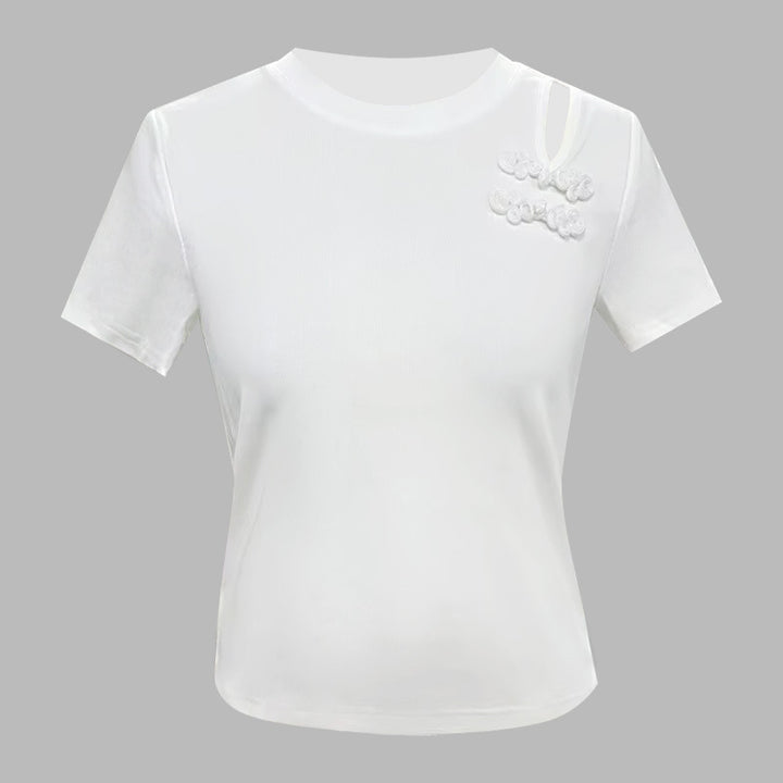 Dame kortærmet shirt med unikt blomsterapplikationsdesign og kropsnært snit Stilla