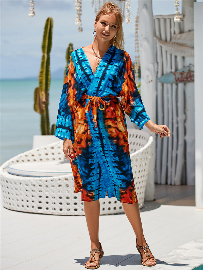 Dame elegant Strandkaftan med fri skæring og farverigt mønster Stilla