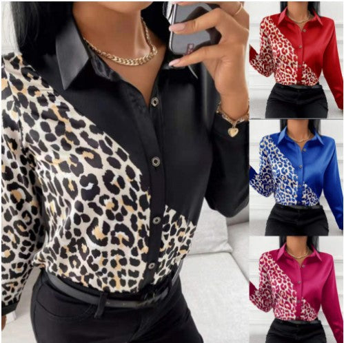 Damebluse med modigt leopardmønster og elegant satin-finish Stilla