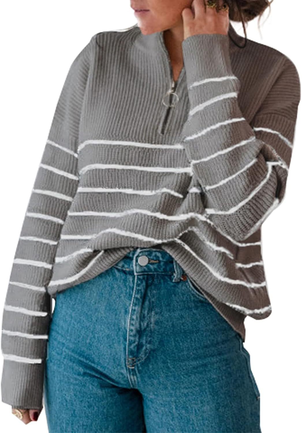 Dame afslappet sweater med kort lynlås og stribemønster Stilla