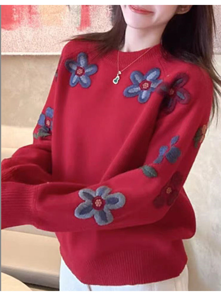 Kvinders elegante strikket sweater med blomsterbroderi design og afslappet snit Stilla