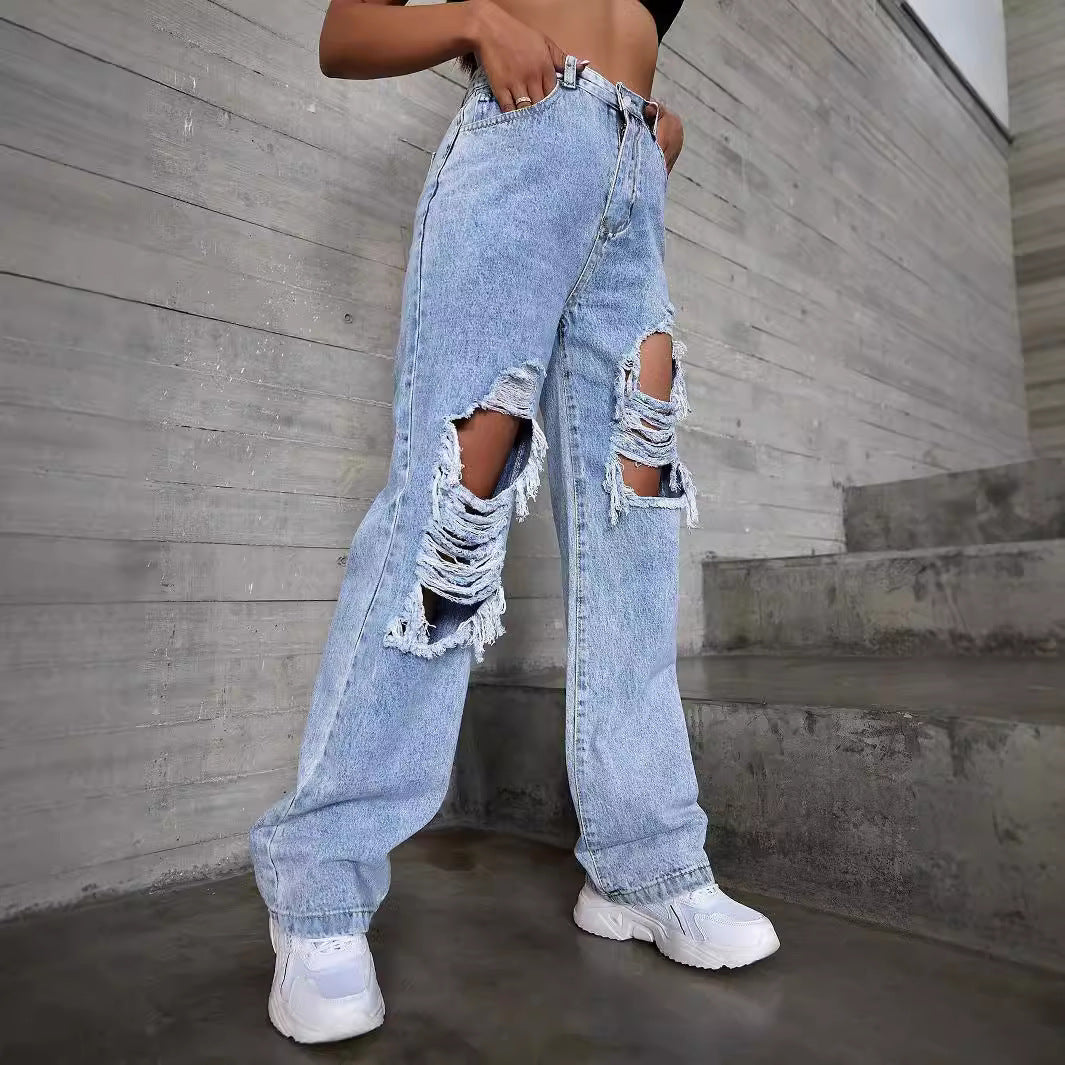 Dame brede jeans med moderne destroyed-detaljer og høj talje Stilla