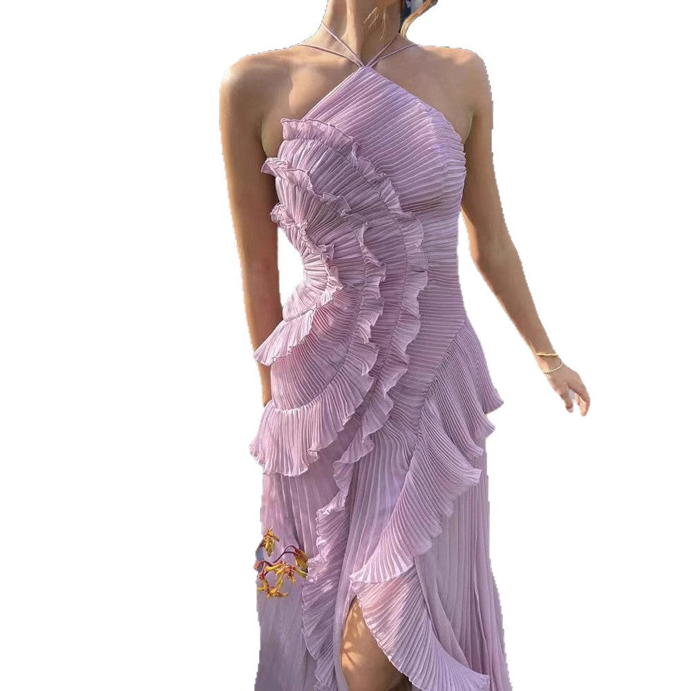 Dame Elegant Wrap Kjole med Flydende Plisseret Nederdel og Asymmetriske Rynkedetaljer