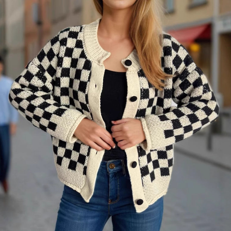 Kvinders mønstrede cardigan med store knapper og løs pasform Stilla