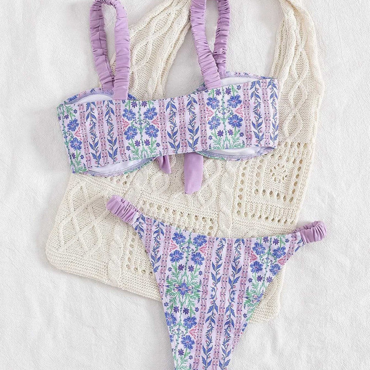 Dame Bandeau-bikini med blomsterdesign og legesyge flæser Skovae