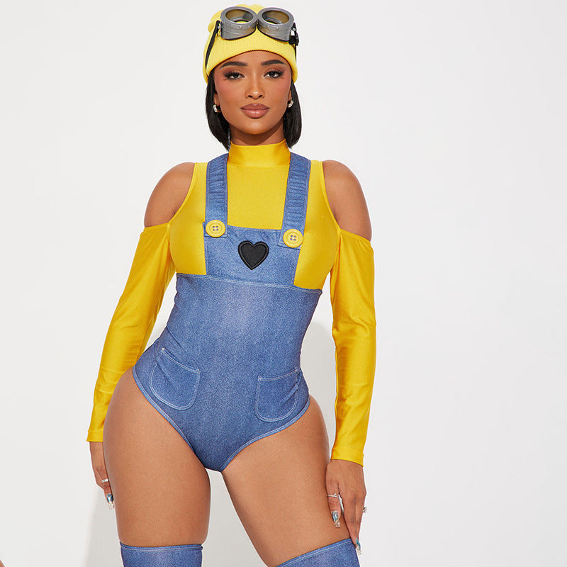 Dame overall-sæt med farverig top og jeans-design Stilla