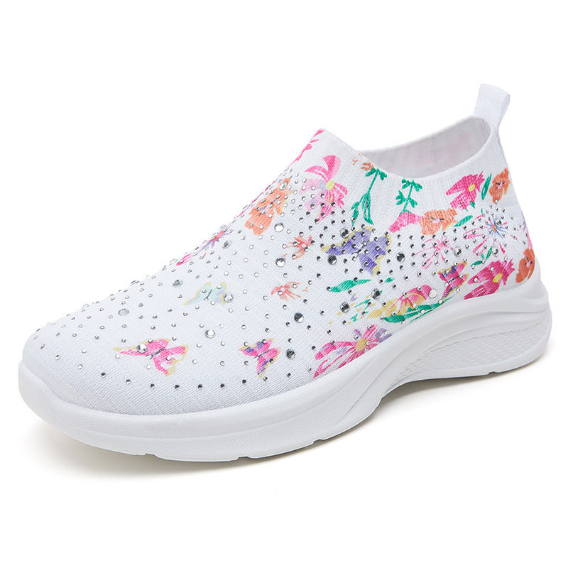 Dame Elastiske Slip-On Sneakers med floralt Strassdesign og dæmpende sål Stilla