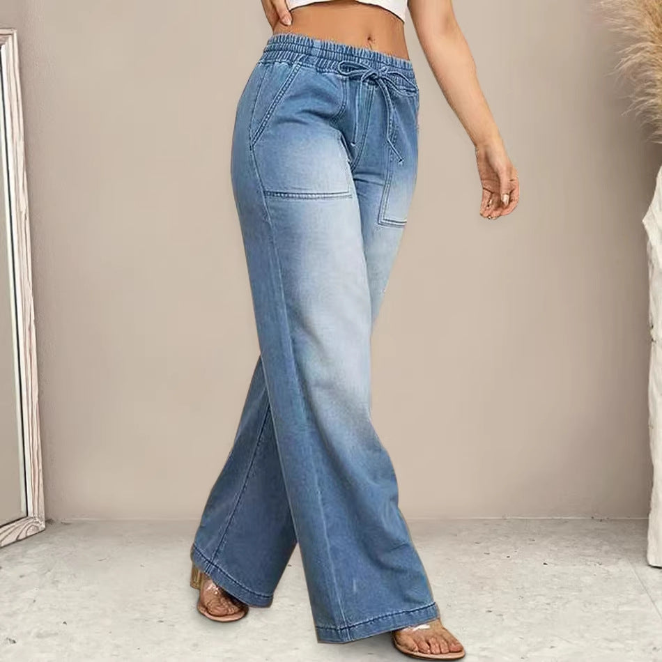Dame wide-cut jeans med elastisk talje og trendy slidt udseende