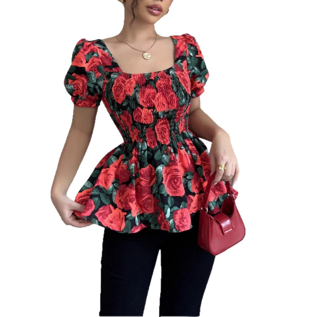 Dame Puffærme Floral Peplum Top Stilla