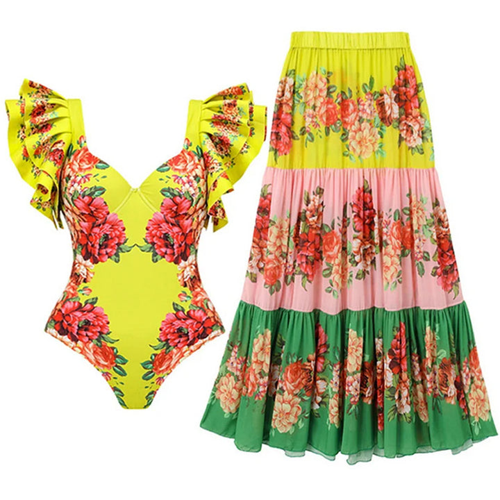 Dame badedragt med voluminøse flæser og matchende sarong Stilla