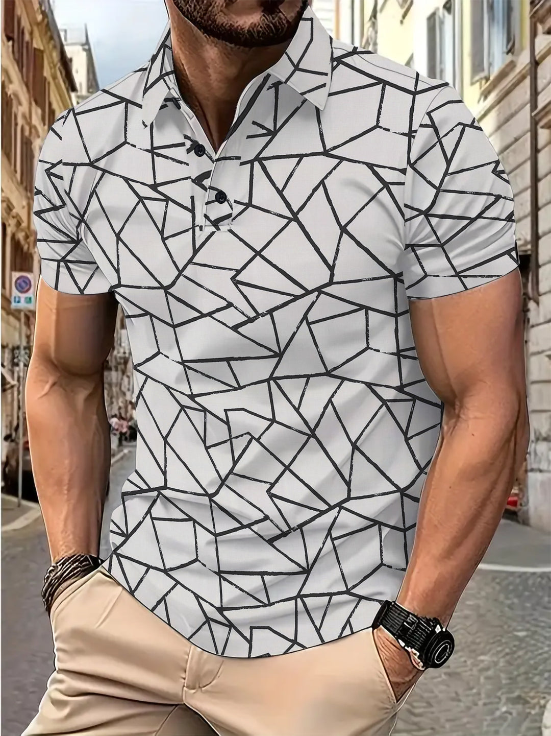 Herrer poloshirt med moderne geometrisk mønster og åndbart materiale Stilla