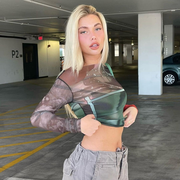 Damer Langærmet Crop-top med transparente accenter og grafisk design Skovae