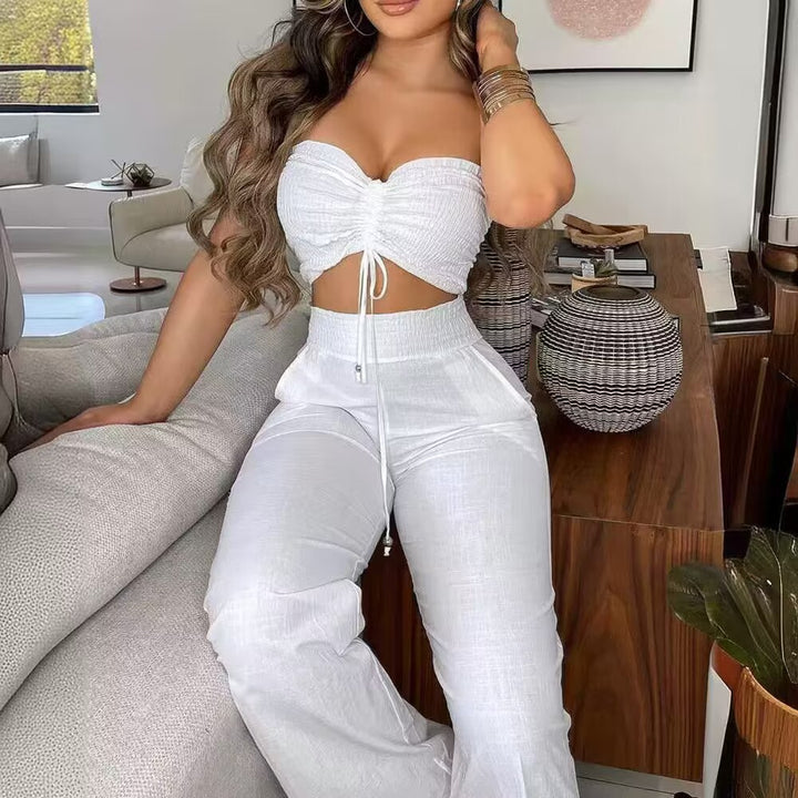 Dame To-delt Outfit lavet af let materiale med justerbar Crop-Top og High-Waist-Bukser Skovae