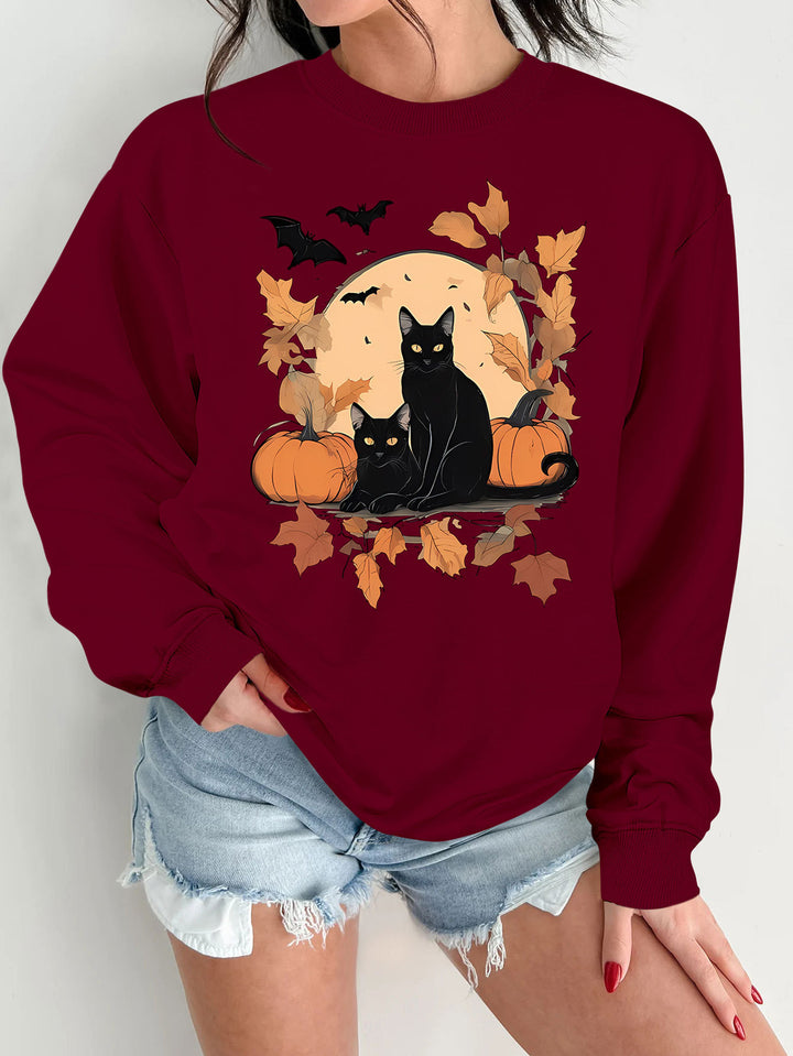 Dame sweatshirt med efterårs kat og græskar design Stilla