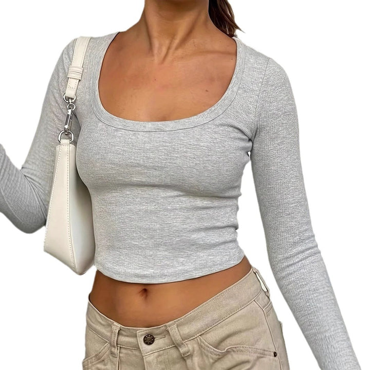 Dame Langærmet Cropped Top med Rundhalsetud og struktureret overflade Stilla