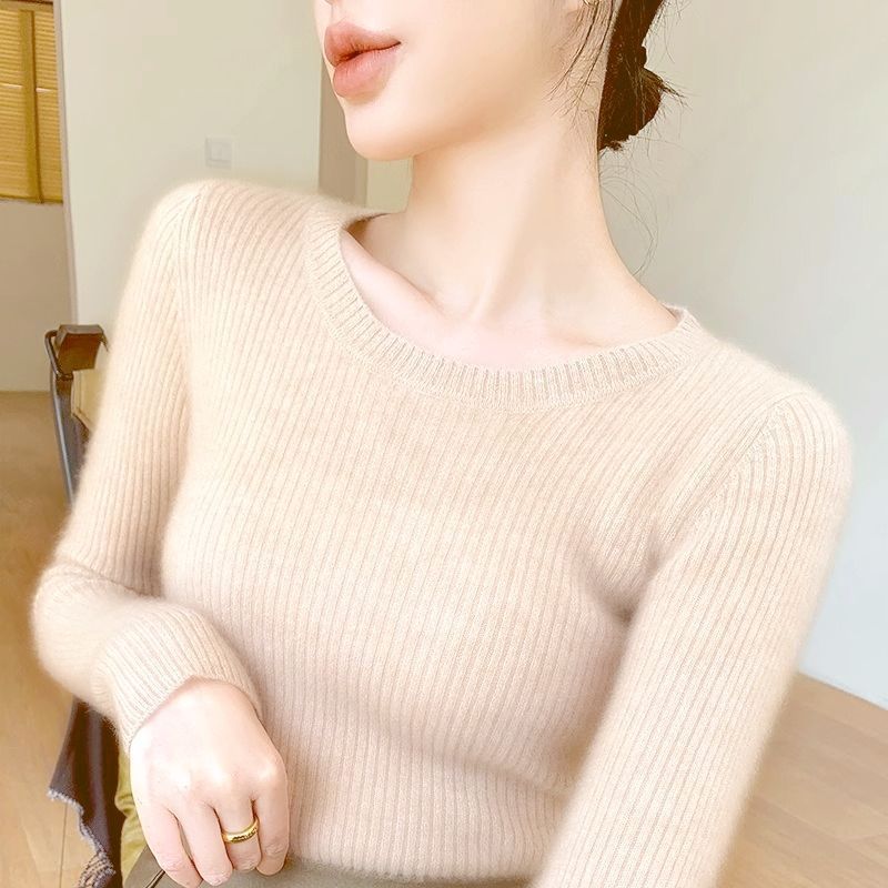Dame fin ribbet strikket pullover med rund hals Stilla