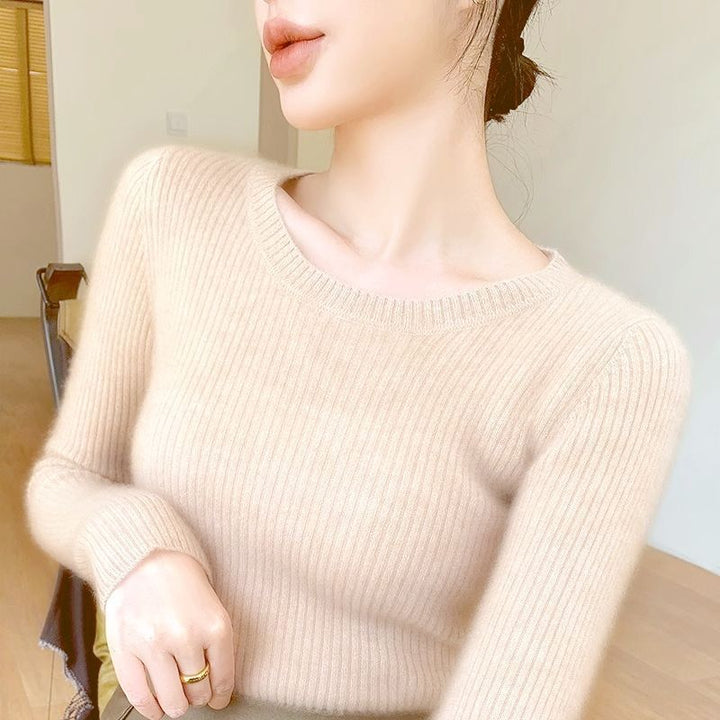 Dame fin ribbet strikket pullover med rund hals Stilla