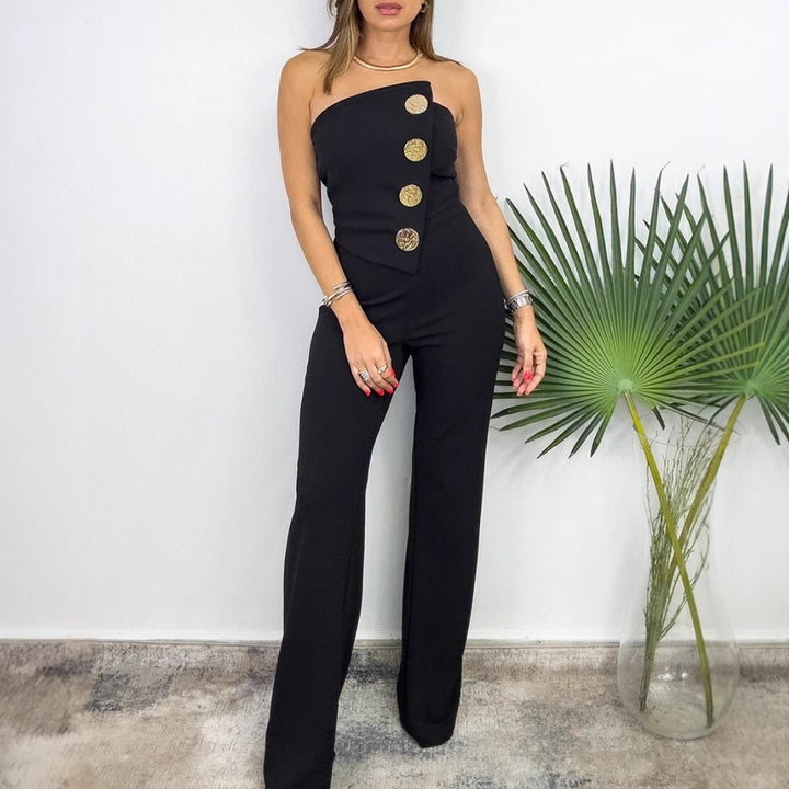 Dame overalls med asymmetrisk snit og dekorative knapper Stilla