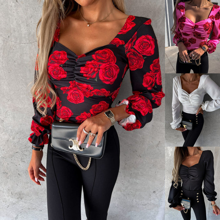 Dame Floral Print Rynk Langærmet Top Stilla