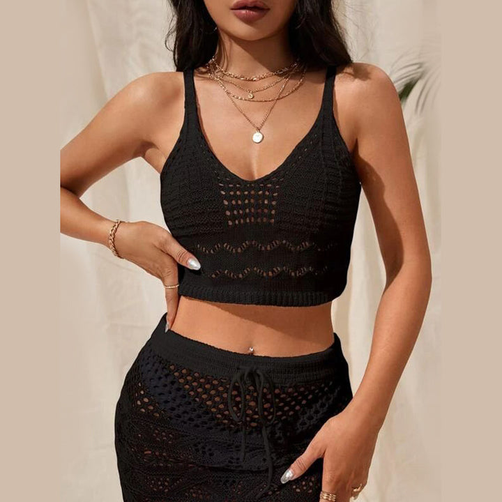 Dame hækle-crop-top og nederdel-sæt med moderne hulmønster Stilla