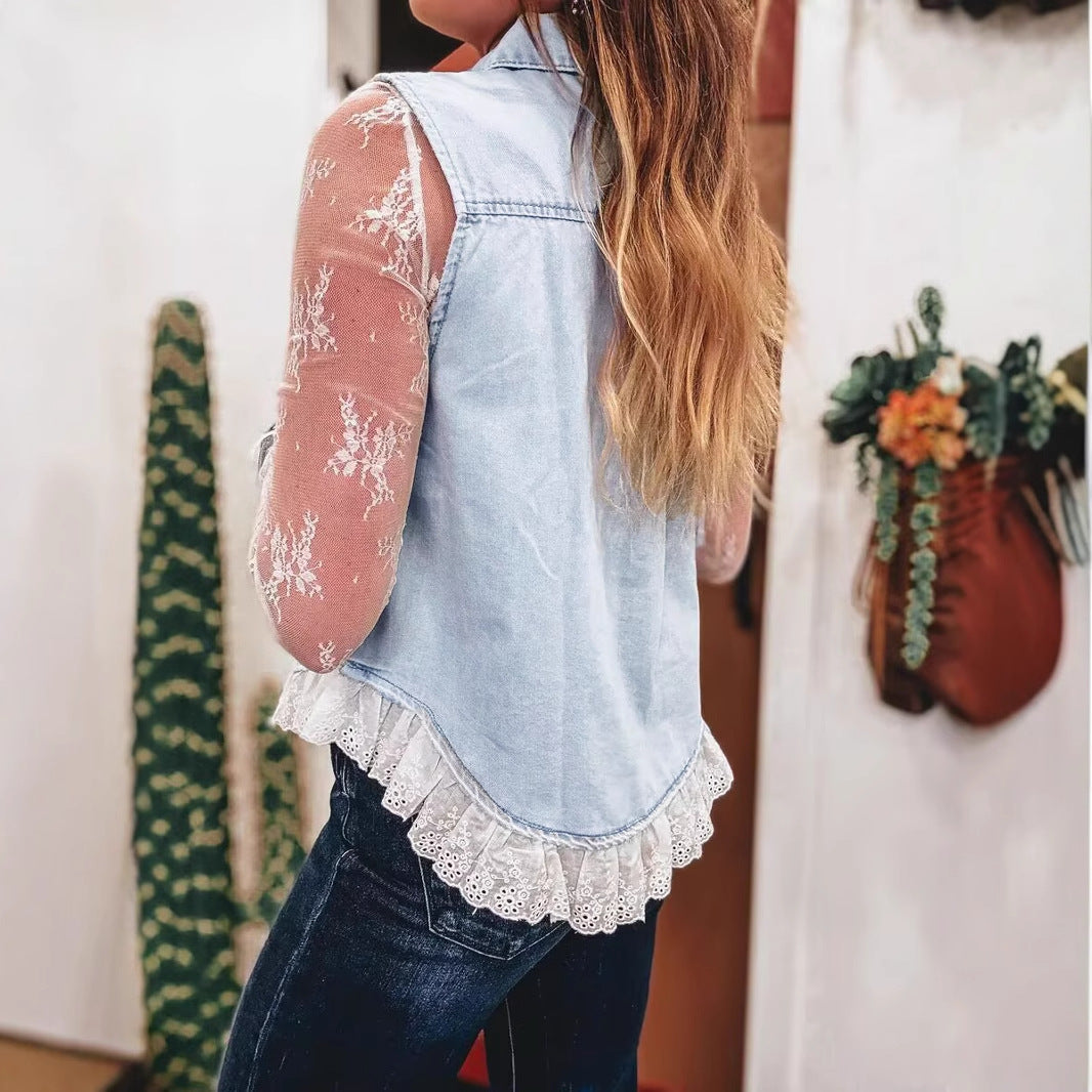 Dame afslappet jeansbluse med spidskant og to påsatte lommer Stilla
