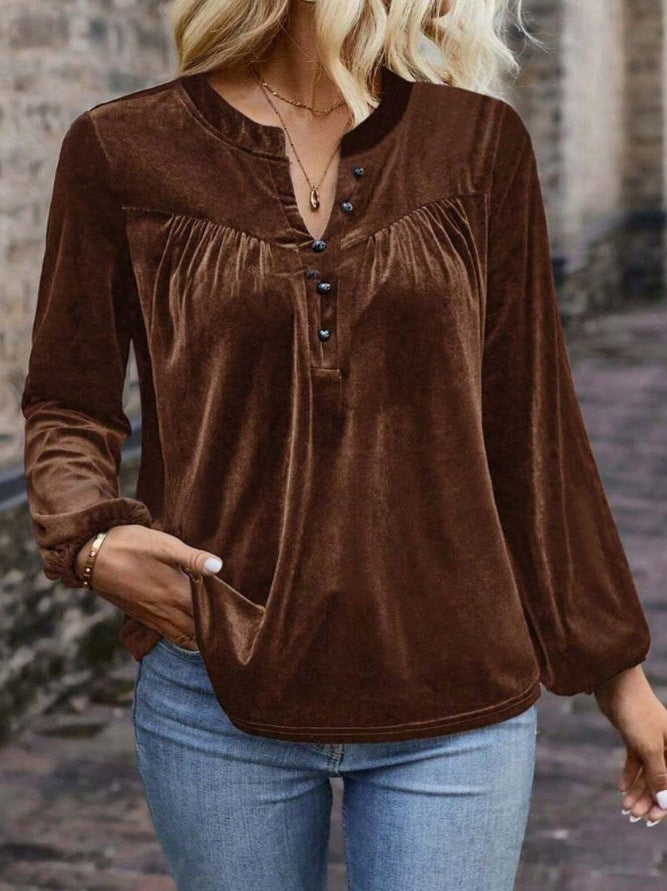 Dame elegant veloursbluse med knapliste Stilla