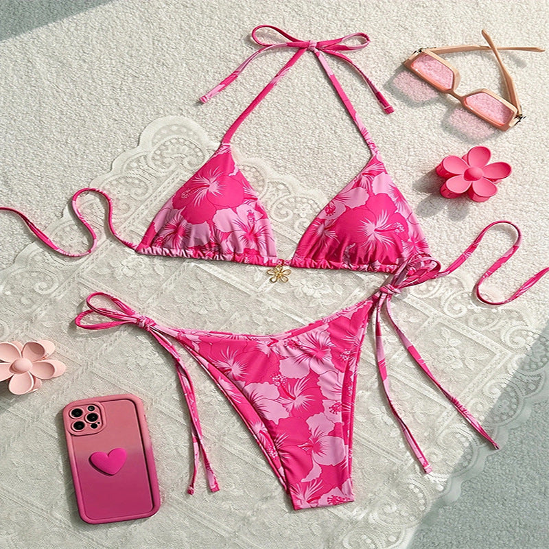 Dame triangel-bikini med blomsterdesign og justerbare bånd Stilla