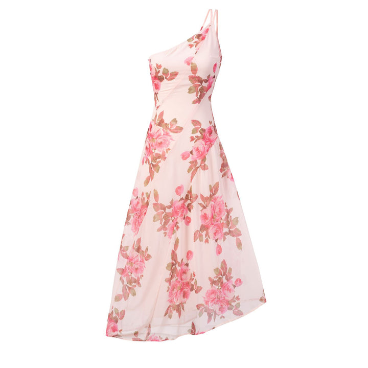 Dame asymmetrisk MAXIKJOLE med blomsterprint og elegant chiffonmateriale Stilla
