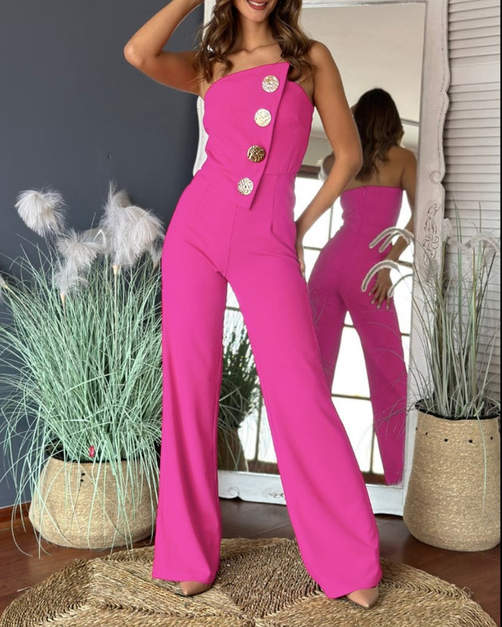 Dame overalls med asymmetrisk snit og dekorative knapper Stilla