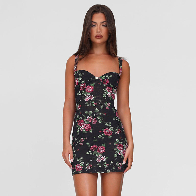 Dame Floral Print Bodycon Mini Kjole Stilla