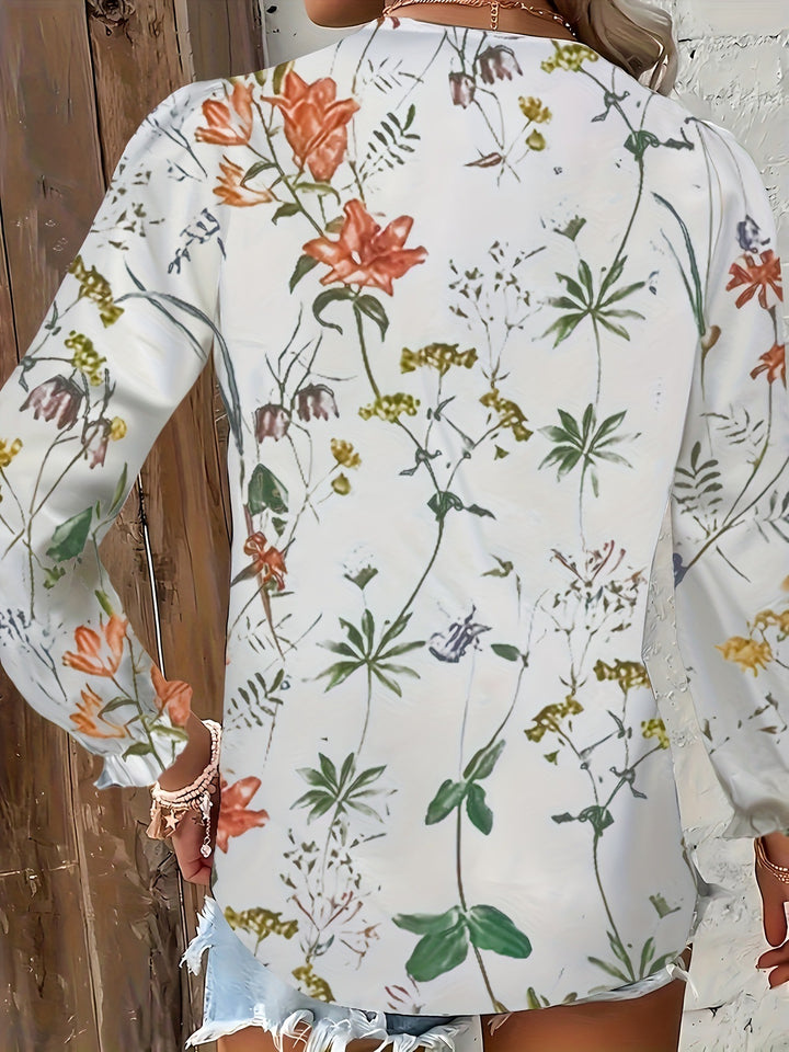 Dame Elegant Bluse med romantisk blomstertryk og spidsaccenter Stilla