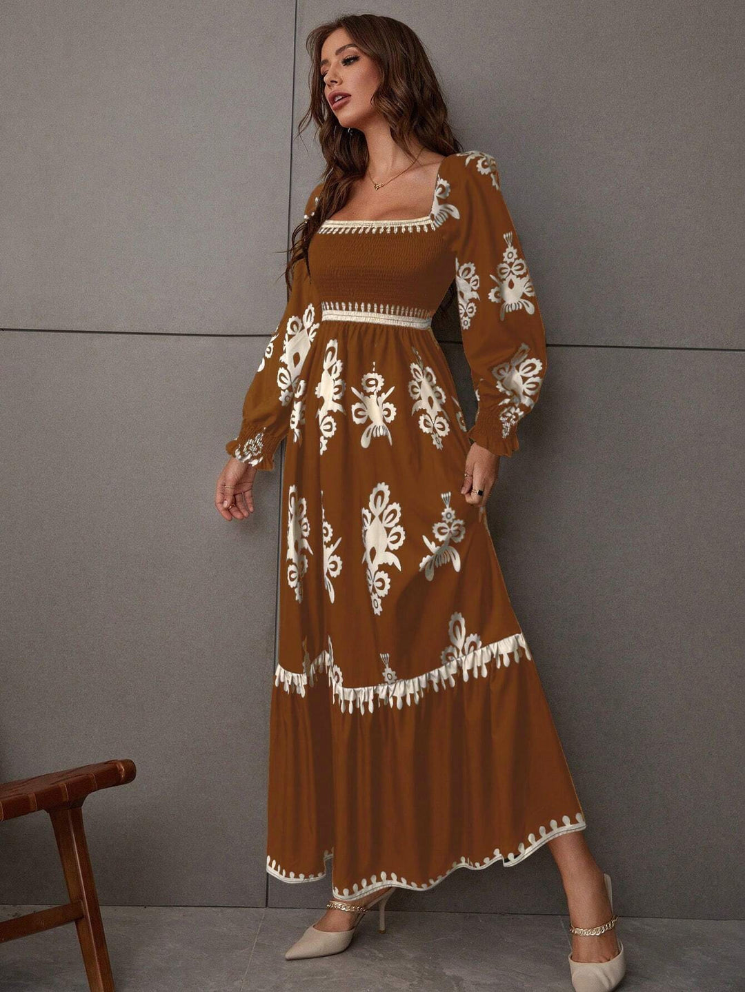 Dame Maxi-kjole i Boho-stil med blomster mønstre Stilla