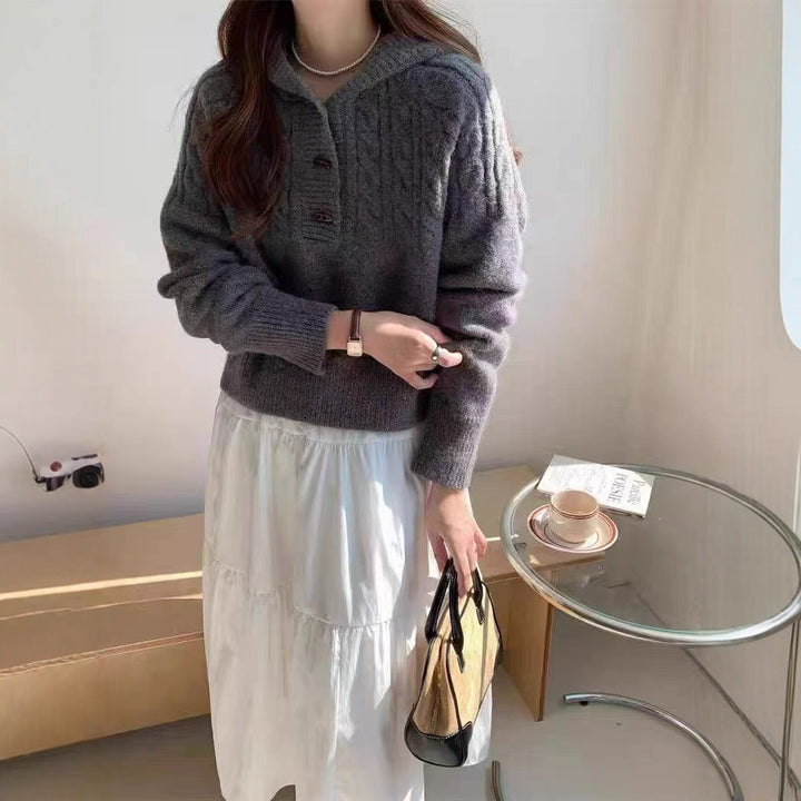 Kvinders strikket pullover med stor krave Stilla
