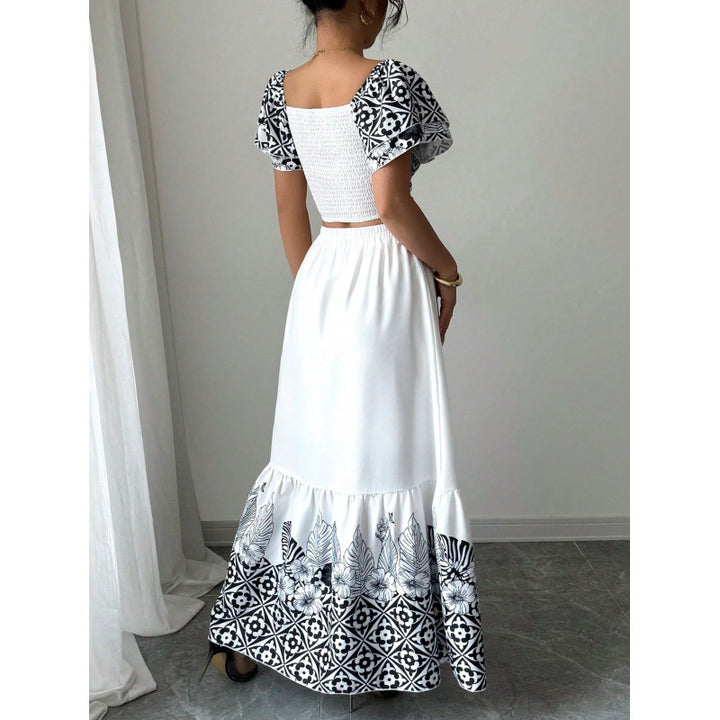 Dame Crop-top med voluminøse ærmer og elegant nederdel Stilla