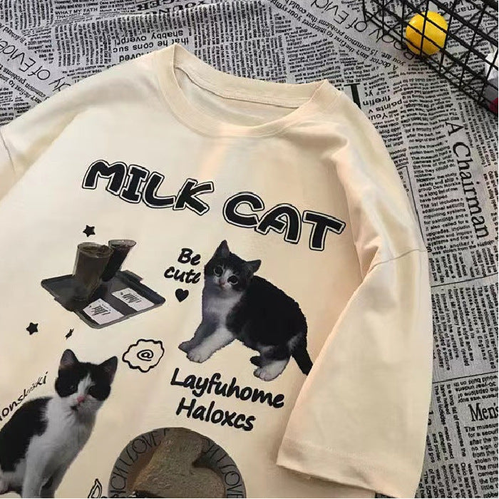 Dame T-shirt med kreativ katte-design og humoristisk tryk Stilla