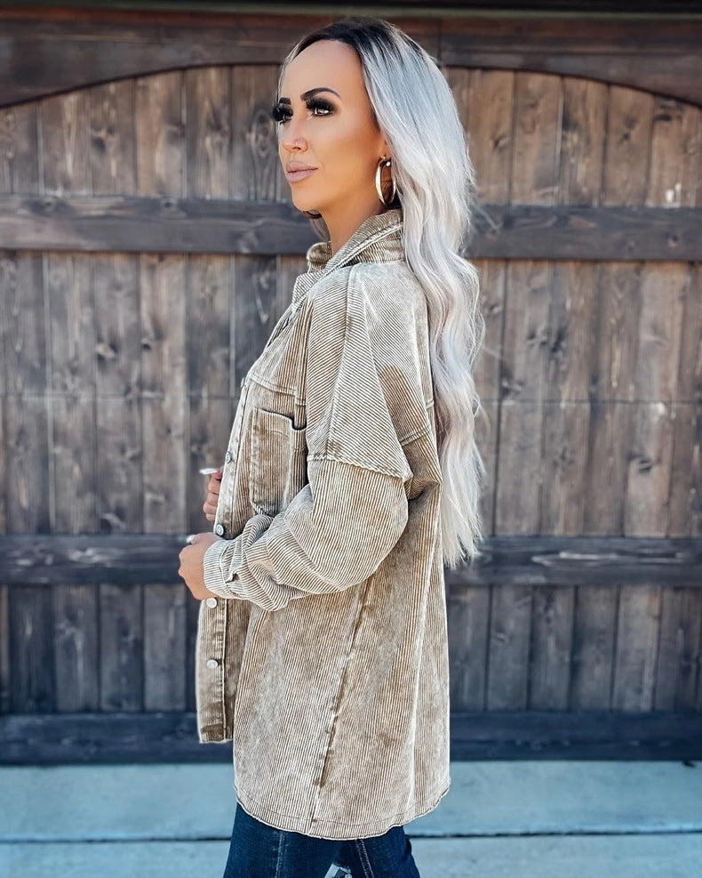 Stilla | Button Down Langærmet Curdoroy Shacket Top